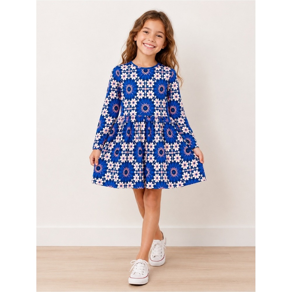 Tea Collection Trapeze Dress Cotton Floral Blue Size 7 Girl Kids